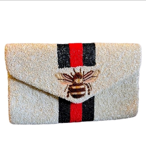 Tiana Handmade Beaded Clutch Handbag in Red White Blue with Bee Accent and Chain - Picture 2 of 7